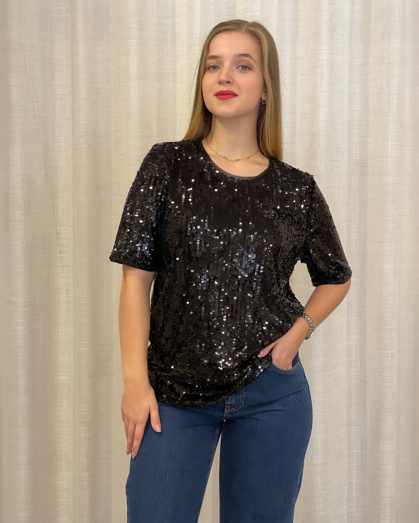 Maglione con paillettes a maniche corte